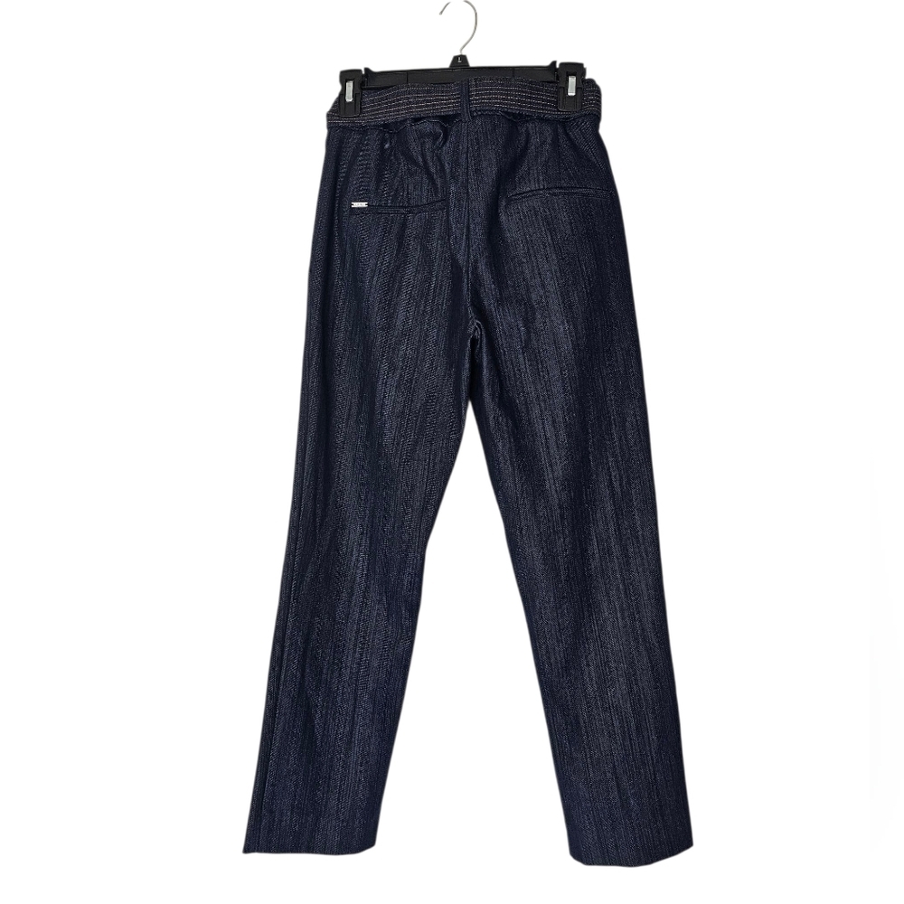 DKNY High Waisted Belted Paperbag Straight Leg Denin Blue Pant Pinstripe 2 - Picture 3 of 9